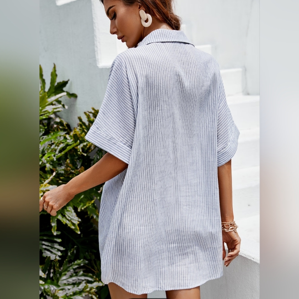 Blue & White Striped Oversized Linen Coverup - Picture 2 of 4